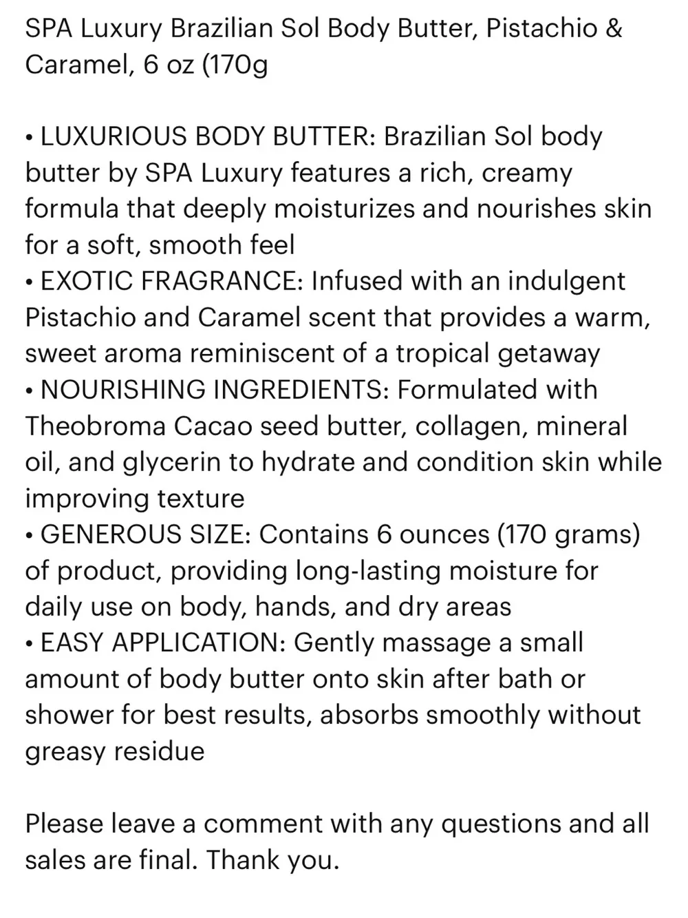 Brazilian Sol Spa Luxury Pistachio & Caramel Body Butter - Cream NEW